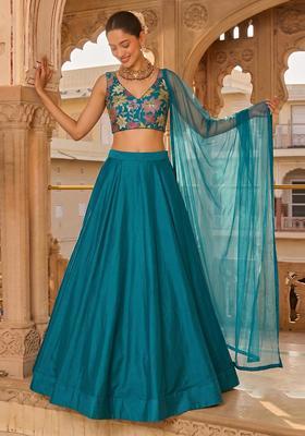 Teal Blue Printed Crepe Lehenga Set