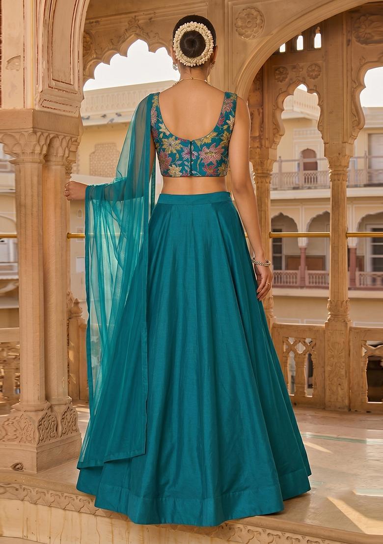Teal Blue Printed Crepe Lehenga Set - Indya