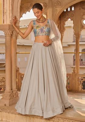 Light Grey Printed Crepe Lehenga Set