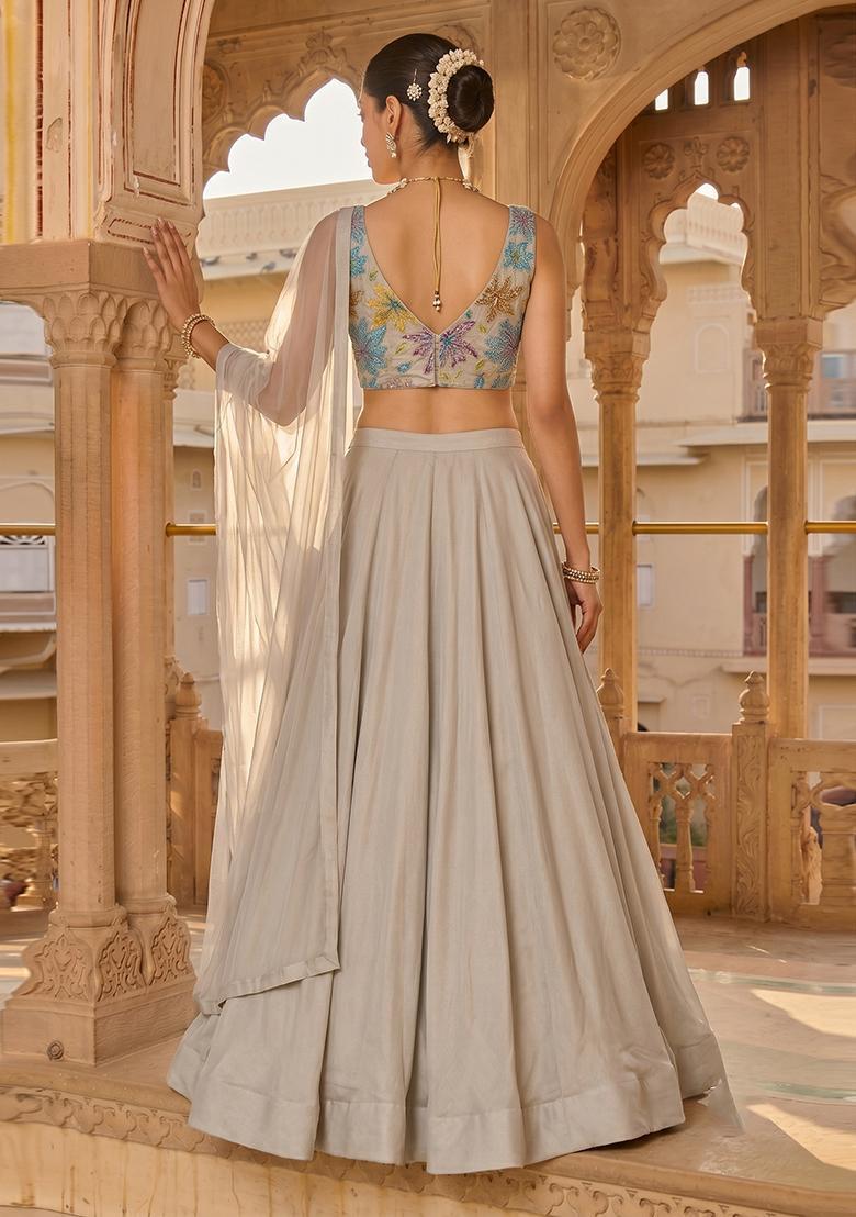Light Grey Printed Crepe Lehenga Set - Indya