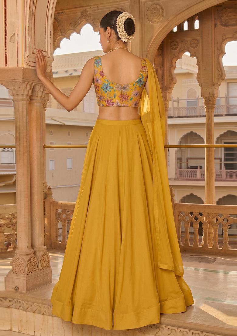 Mustard Printed Crepe Lehenga Set - Indya
