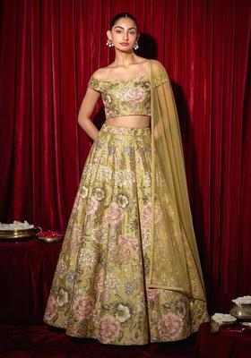 Olive Green Printed Chinon Lehenga Set