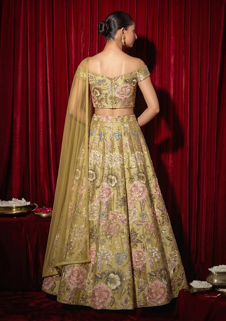 Olive Green Printed Chinon Lehenga Set - Indya