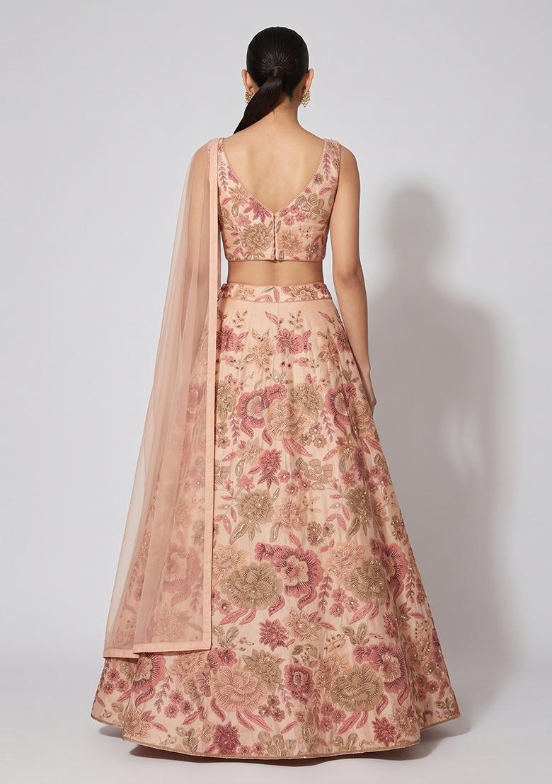 Pastel Pink Printed Chinon Lehenga Set - Indya