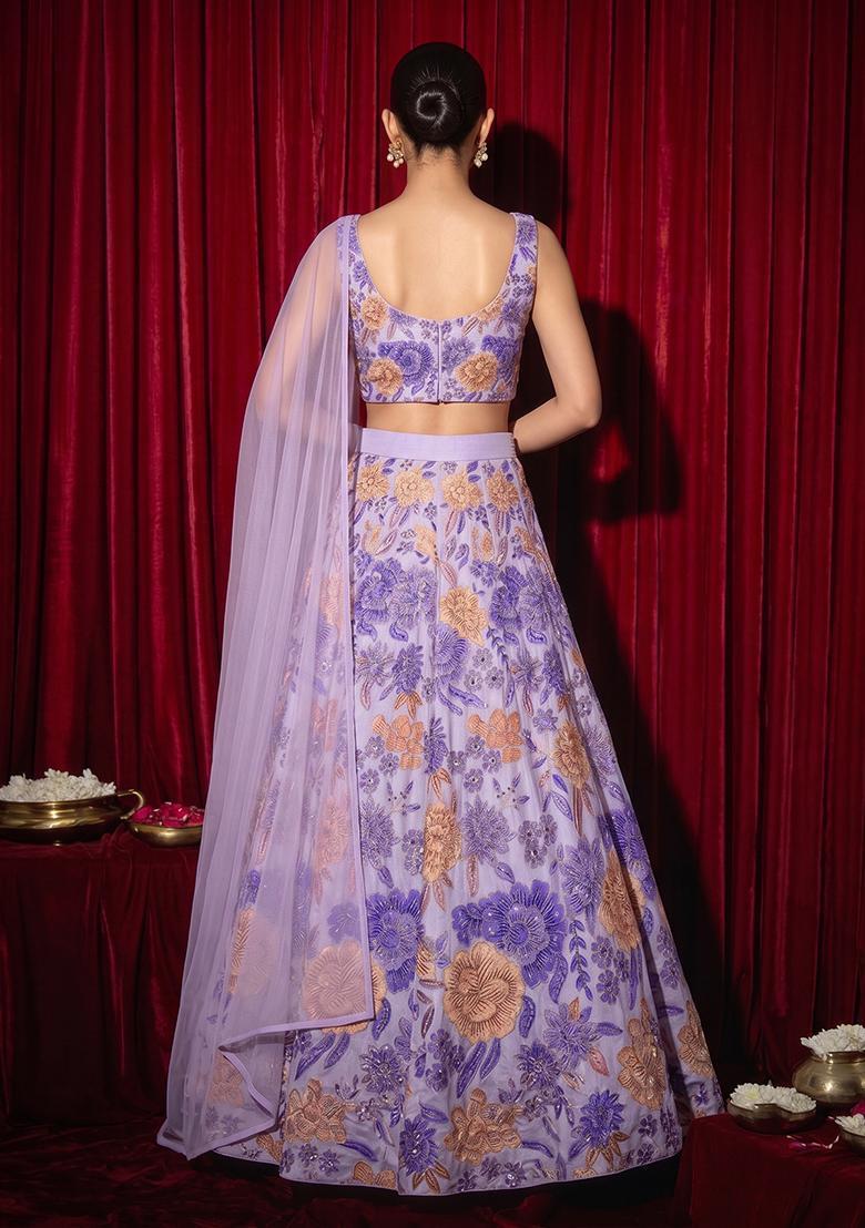 Lavender Printed Chinon Lehenga Set - Indya