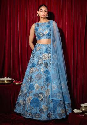 Blue Printed Chinon Lehenga Set