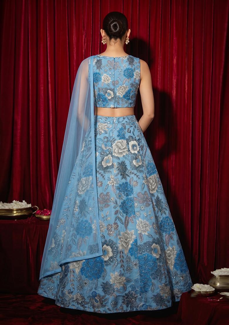 Blue Printed Chinon Lehenga Set - Indya