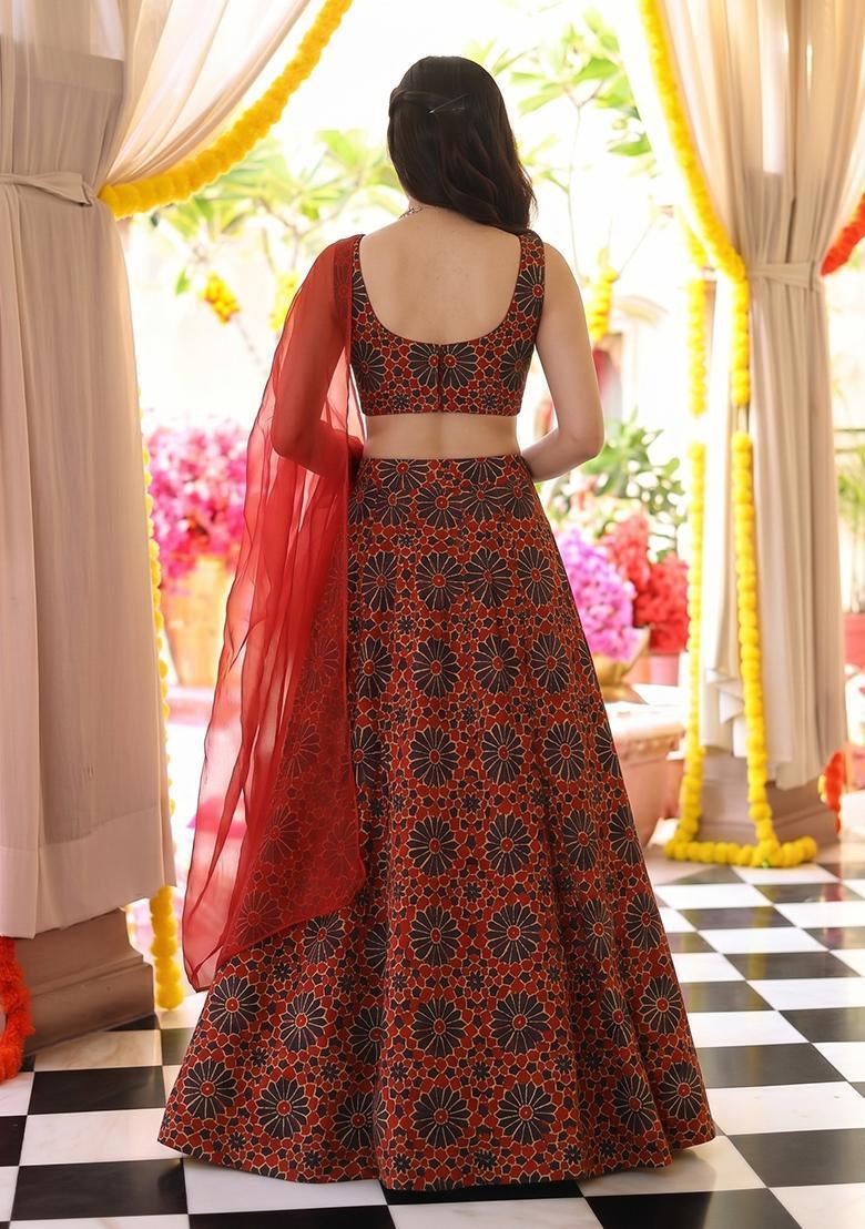 Red Printed Satin Lehenga Set - Indya