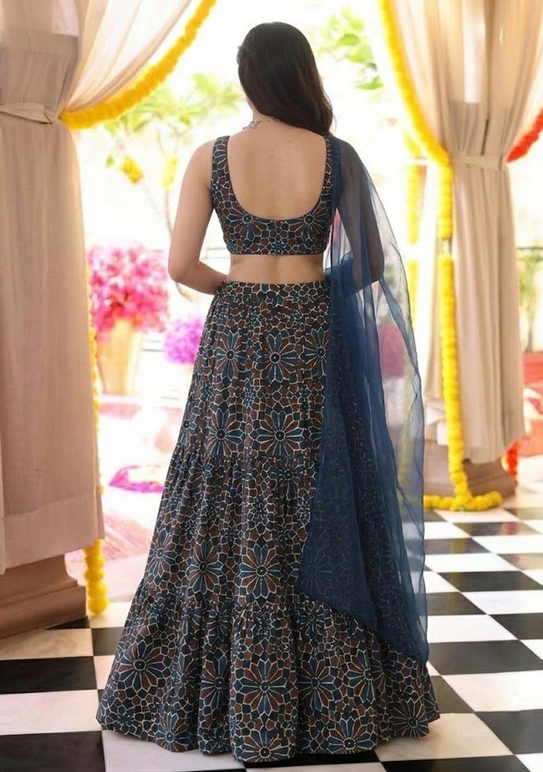 Navy Blue Printed Satin Lehenga Set - Indya