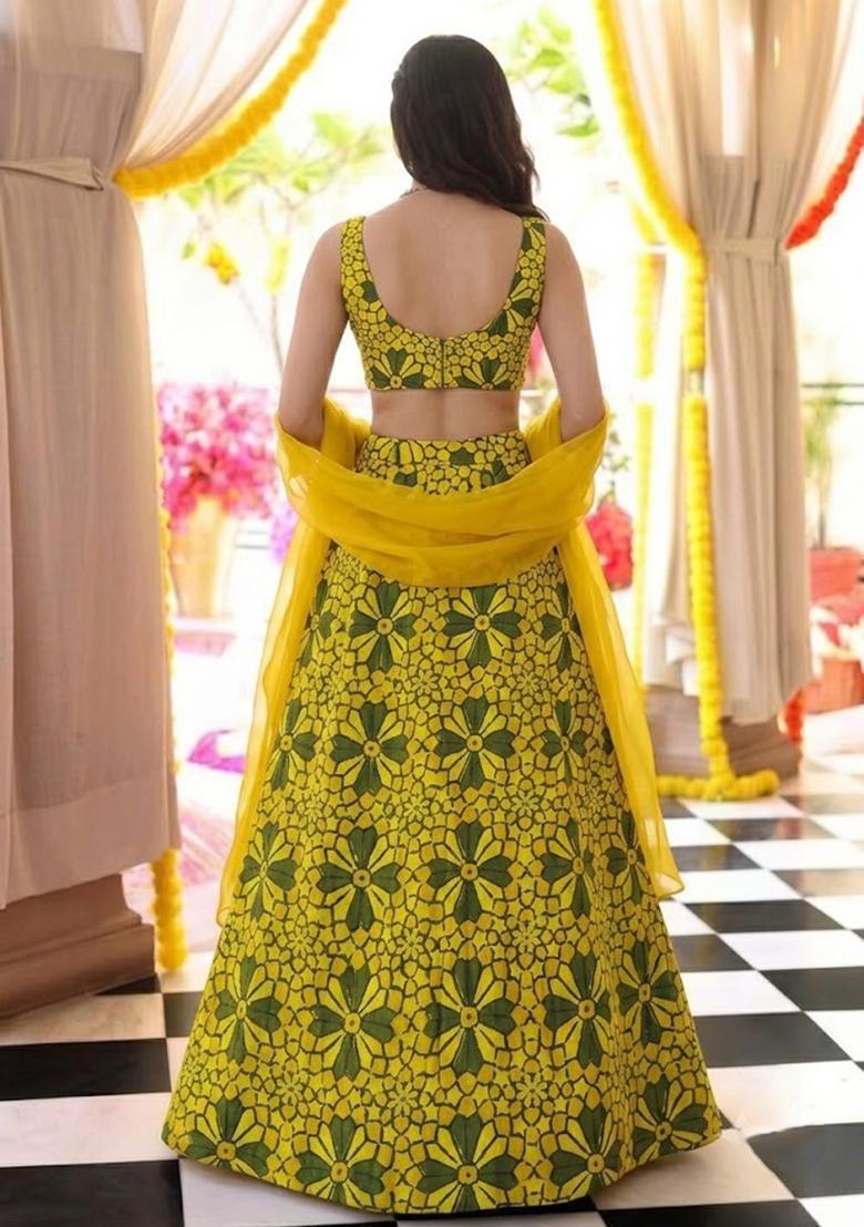 Yellow Printed Satin Lehenga Set - Indya