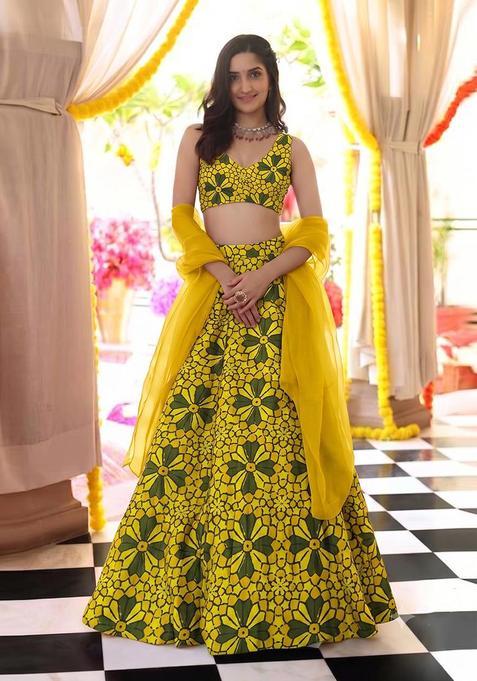 Yellow Printed Satin Lehenga Set
