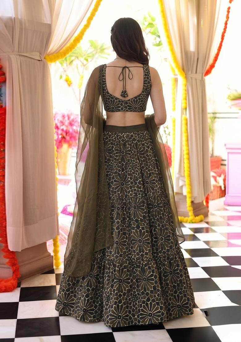 Forest Green Printed Satin Lehenga Set - Indya