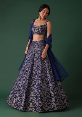 Navy Blue Brocade Lehenga Set