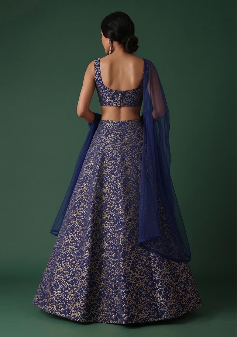 Navy Blue Brocade Lehenga Set - Indya