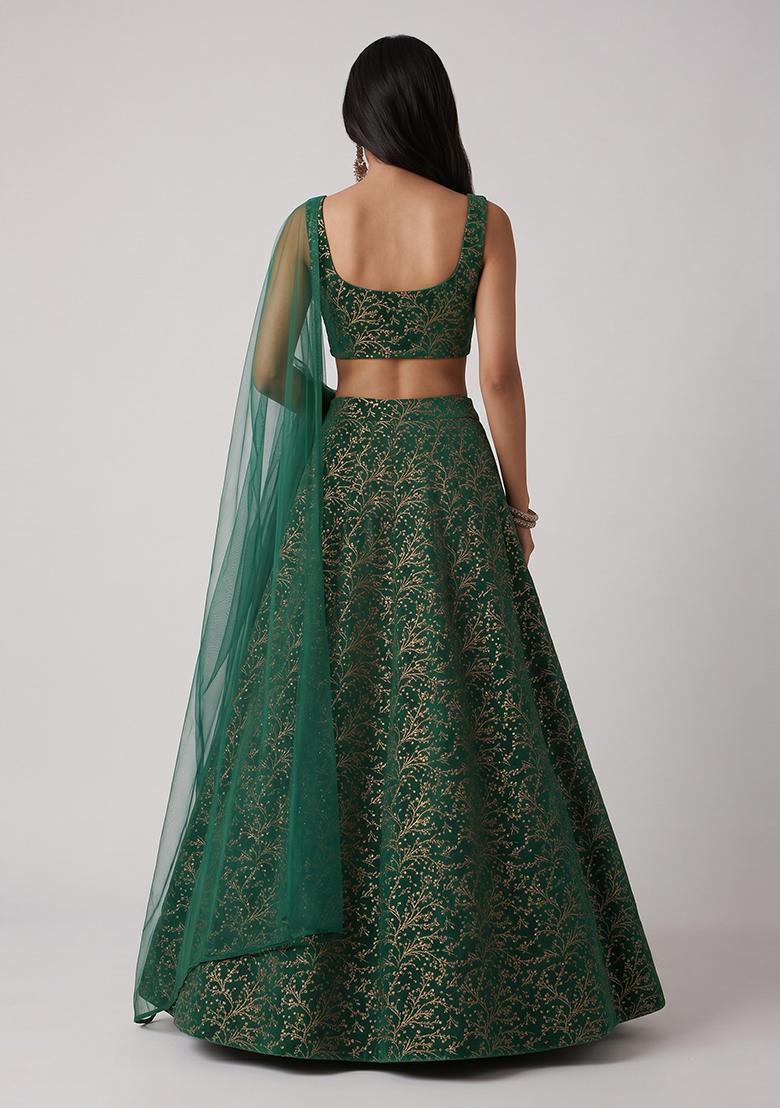 Bottle Green Brocade Lehenga Set - Indya