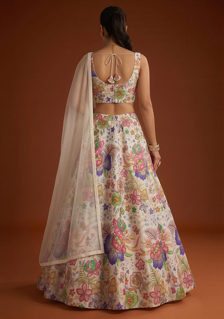 Off White Printed Chinon Lehenga Set - Indya