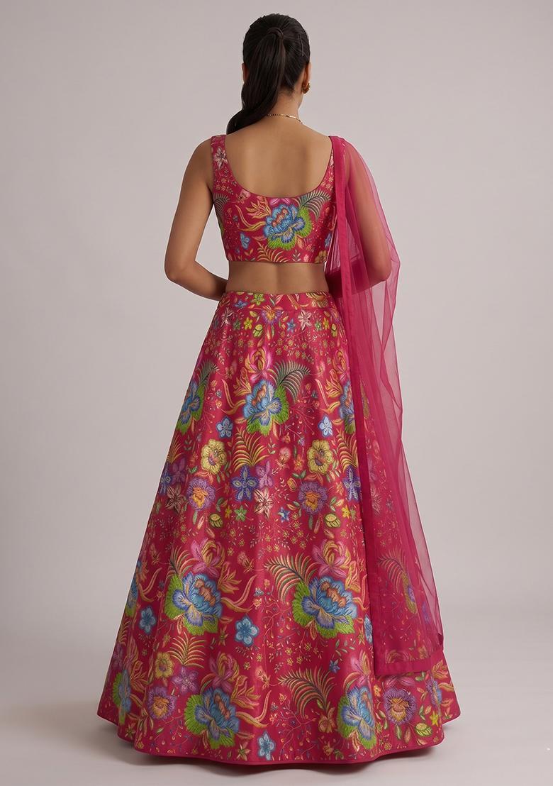 Rani Pink Printed Chinon Lehenga Set - Indya