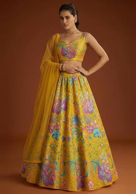 Mustard Printed Chinon Lehenga Set