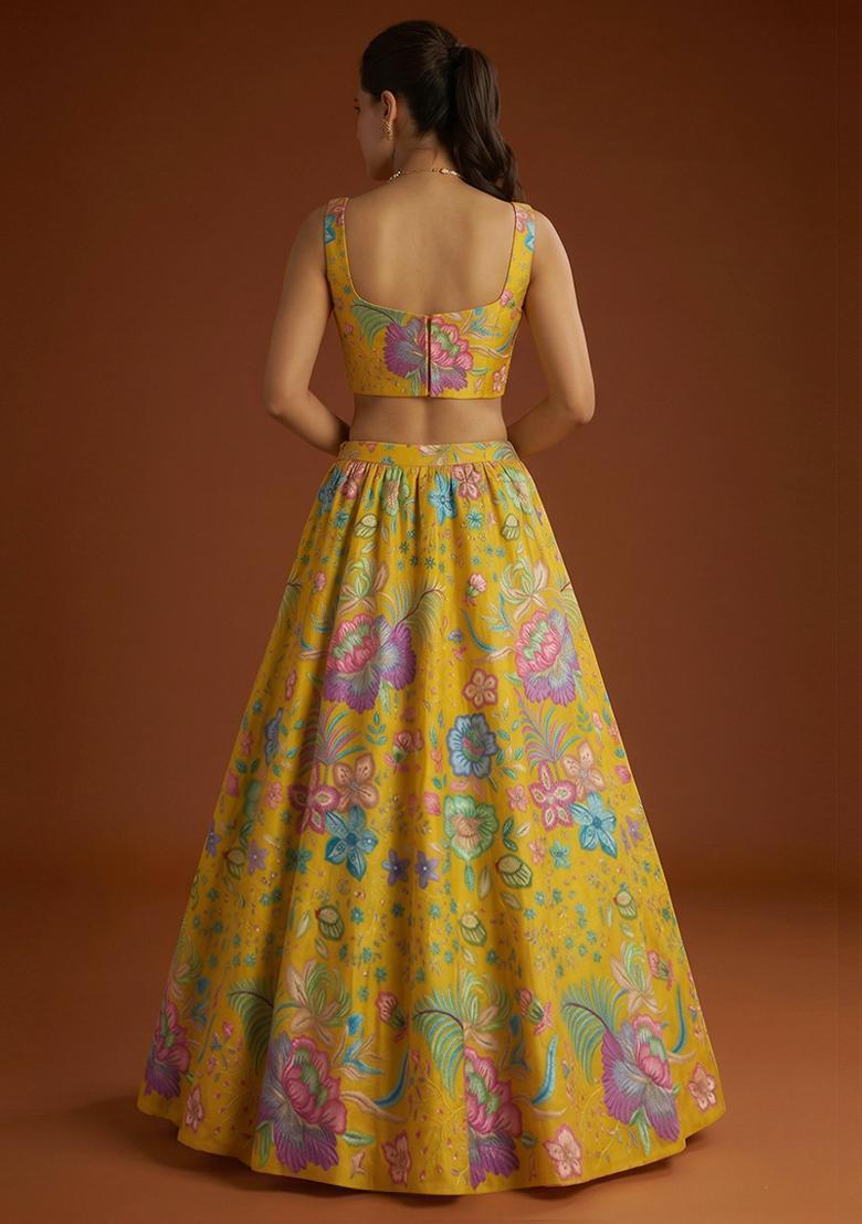Mustard Printed Chinon Lehenga Set - Indya