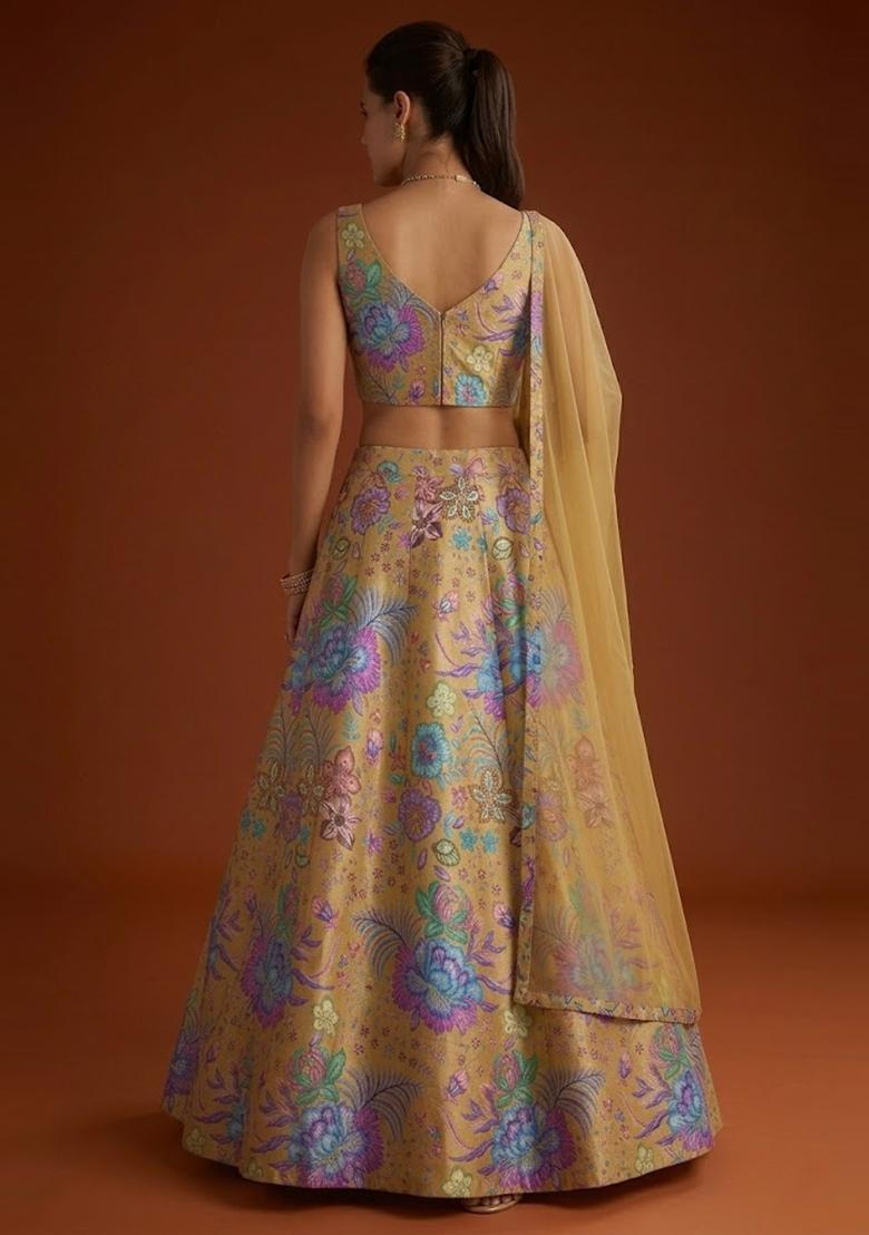 Beige Printed Chinon Lehenga Set - Indya