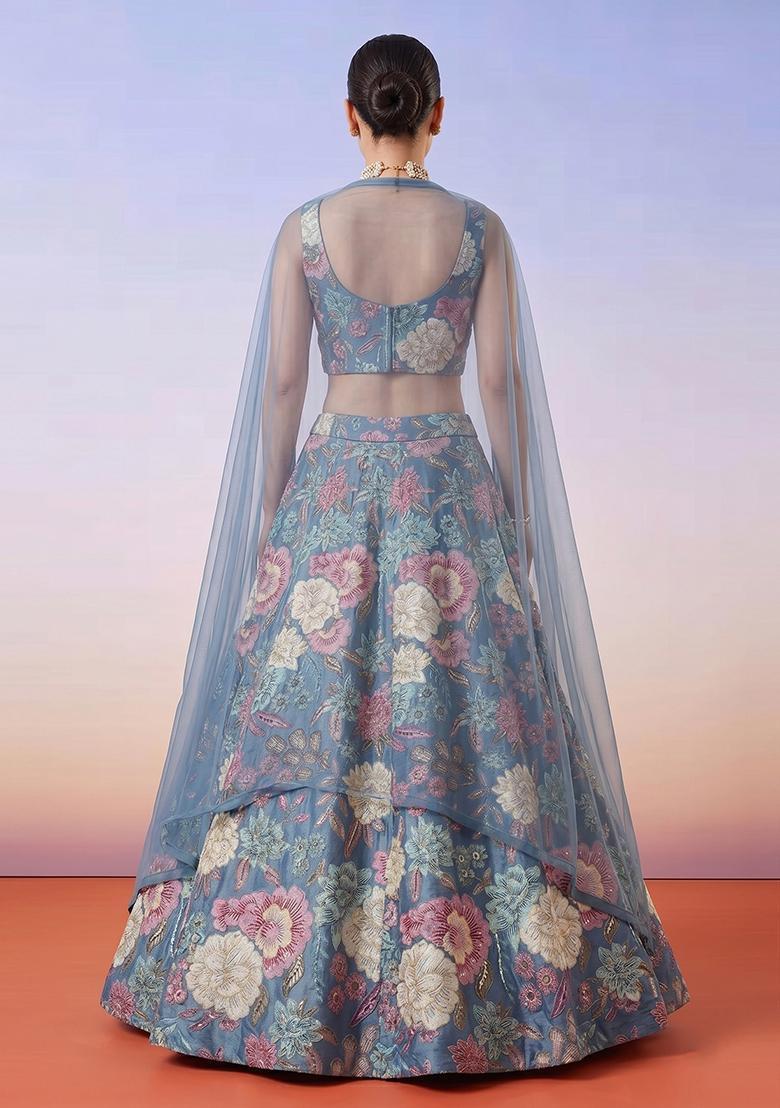 Powder Blue Printed Chinon Lehenga Set - Indya