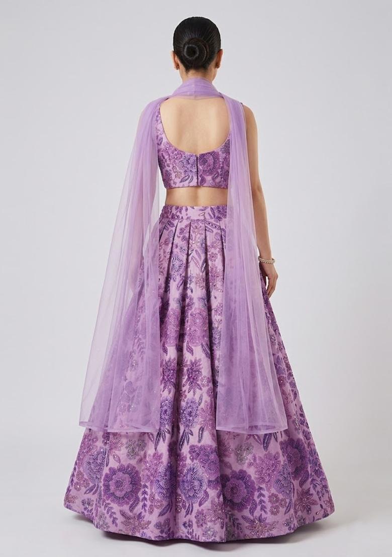 Lavender Printed Chinon Lehenga Set - Indya