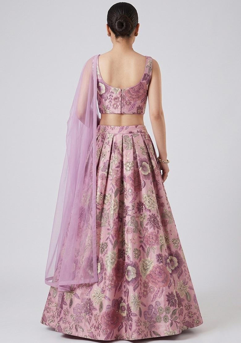 Pastel Pink Printed Chinon Lehenga Set - Indya