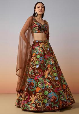Brown Printed Crepe Lehenga Set