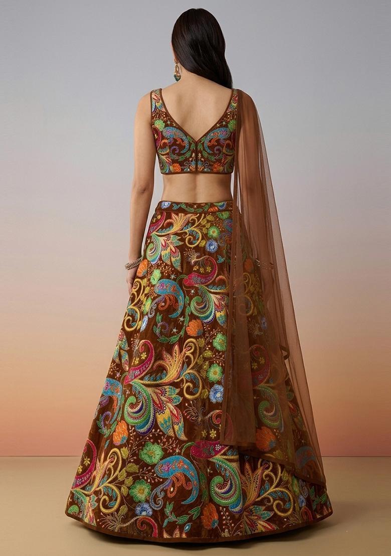 Brown Printed Crepe Lehenga Set - Indya