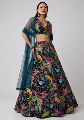 Teal Blue Printed Crepe Lehenga Set