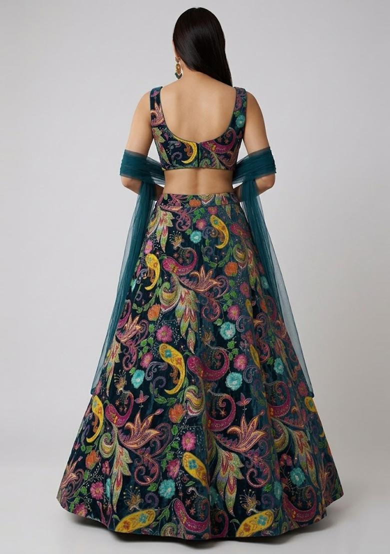 Teal Blue Printed Crepe Lehenga Set - Indya