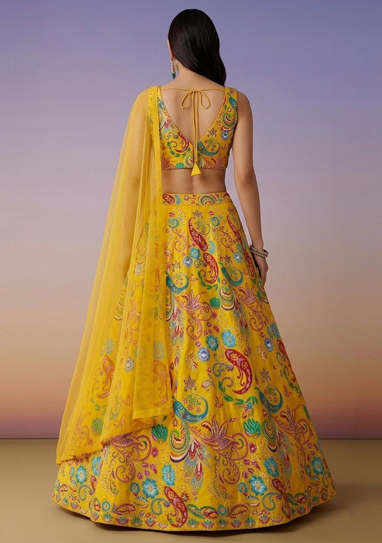 Mustard Printed Crepe Lehenga Set - Indya