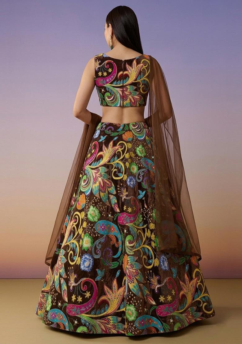 Dark Brown Printed Crepe Lehenga Set - Indya