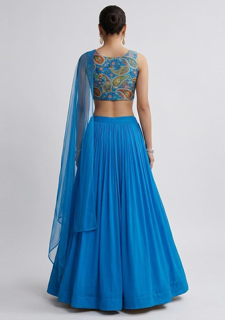 Sky Blue Printed Crepe Lehenga Set - Indya
