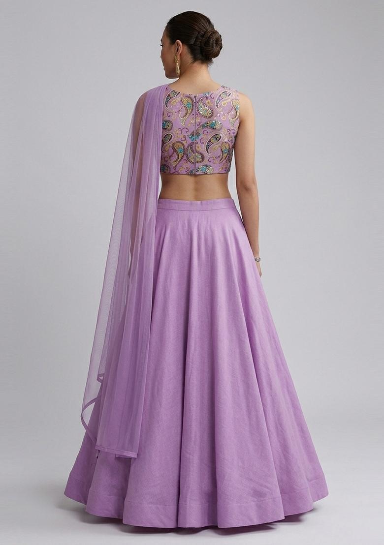 Lavender Printed Crepe Lehenga Set - Indya