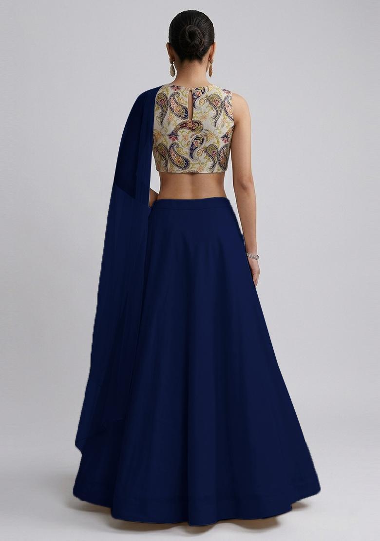 Navy Blue Printed Crepe Lehenga Set - Indya