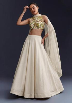 Cream Printed Crepe Lehenga Set