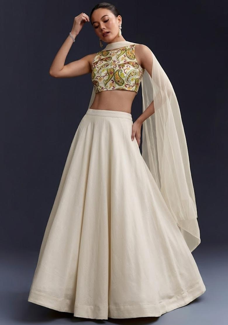 Cream Printed Crepe Lehenga Set - Indya