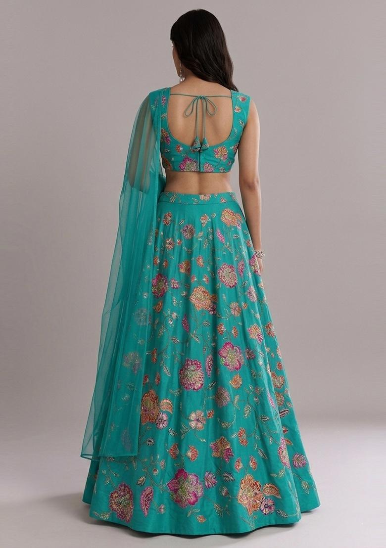 Turquoise Blue Printed Crepe Lehenga Set - Indya