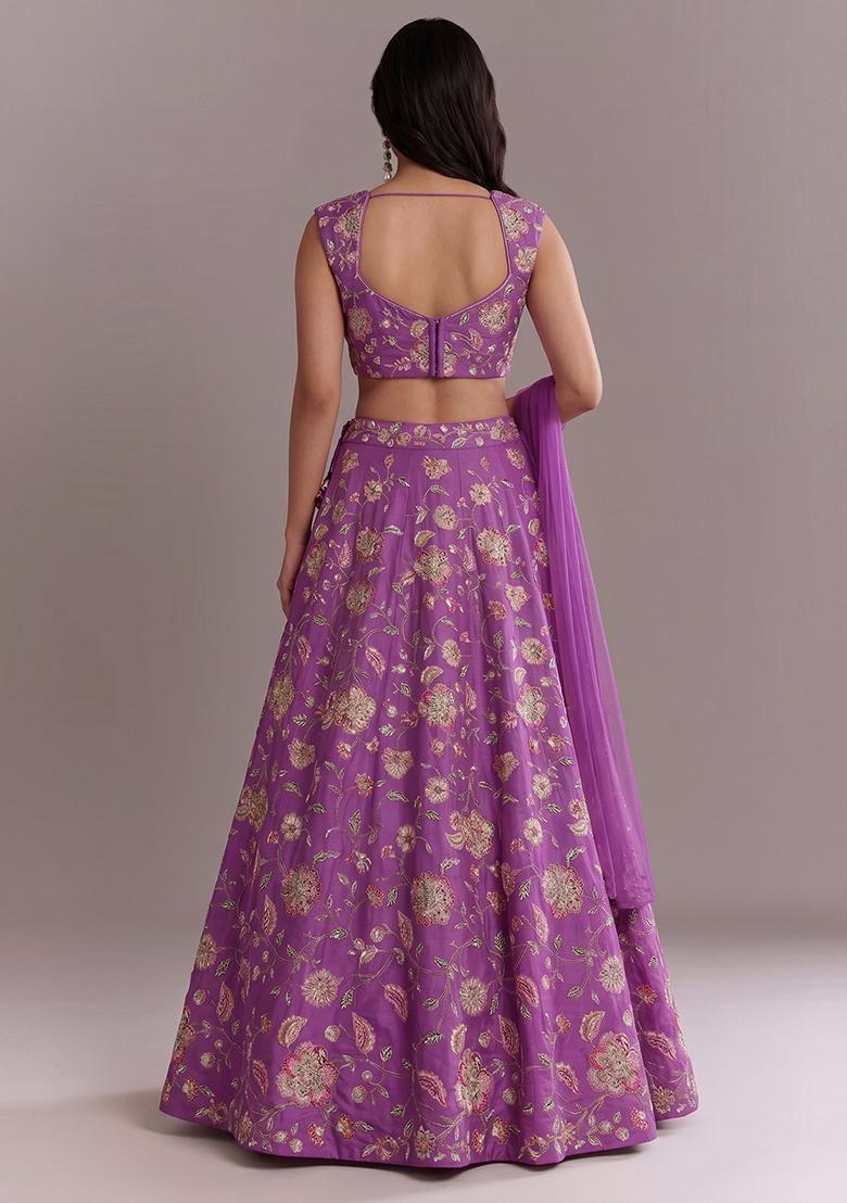 Lavender Printed Crepe Lehenga Set - Indya