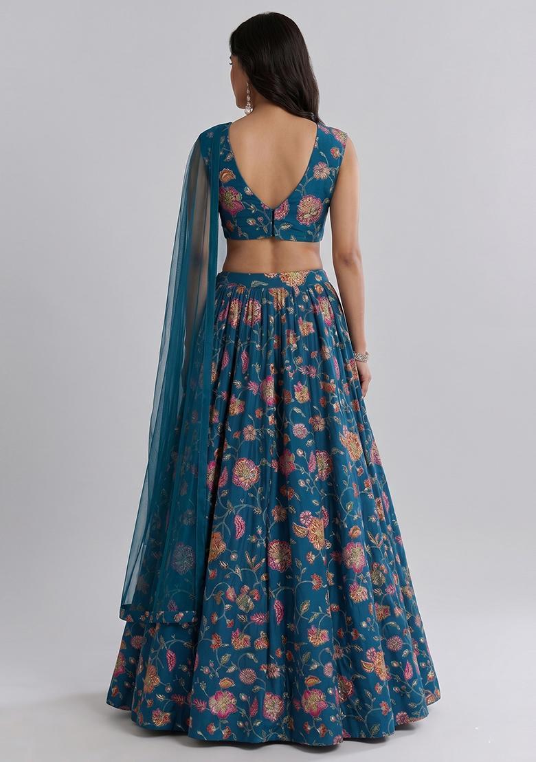Teal Blue Printed Crepe Lehenga Set - Indya