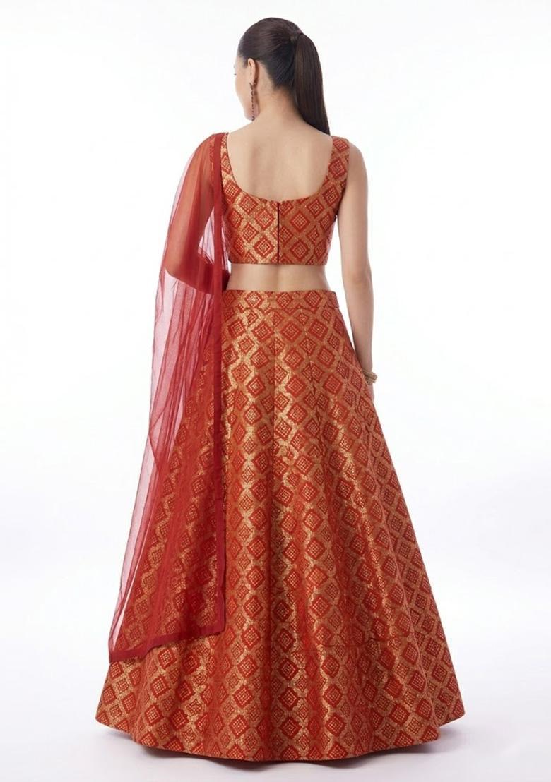 Red Embroidered Georgette Lehenga Set - Indya