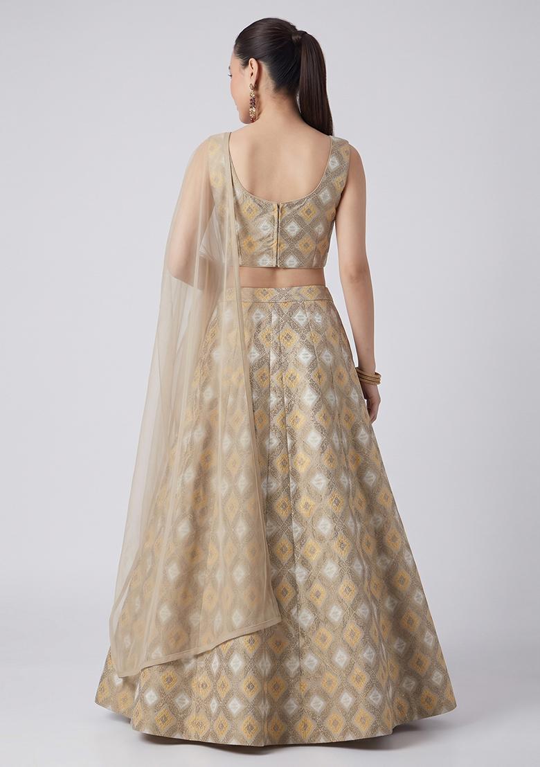Soft Beige Embroidered Georgette Lehenga Set - Indya