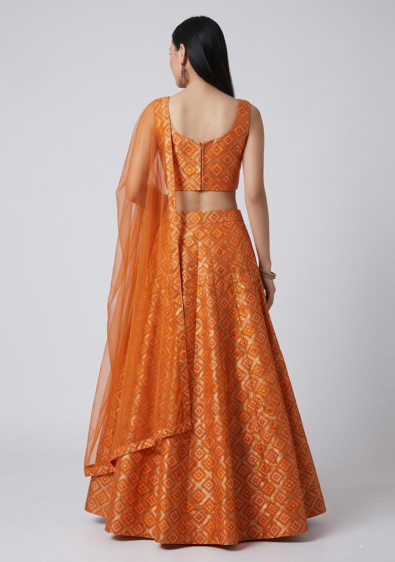 Orange Embroidered Georgette Lehenga Set - Indya