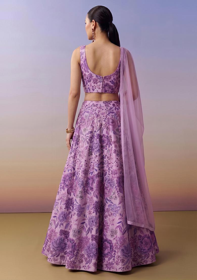 Lavender Printed Silk Blend Lehenga Set - Indya