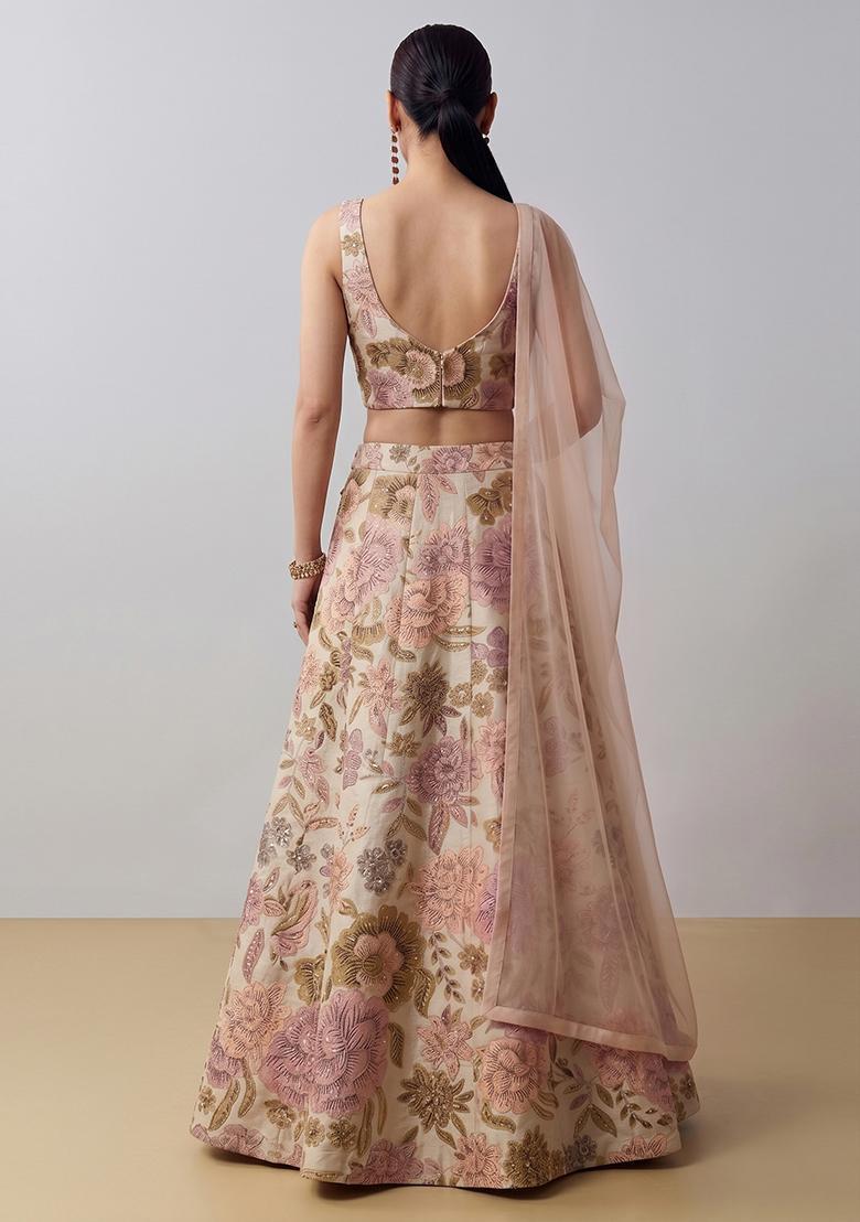 Cream Printed Silk Blend Lehenga Set - Indya
