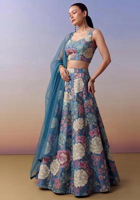 Teal Blue Printed Silk Blend Lehenga Set