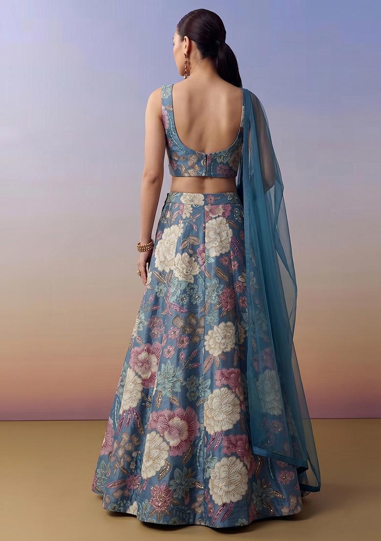 Teal Blue Printed Silk Blend Lehenga Set - Indya