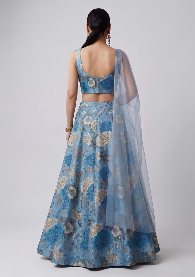 Blue Printed Silk Blend Lehenga Set - Indya