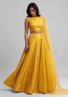 Mustard Embroidered Georgette Lehenga Set